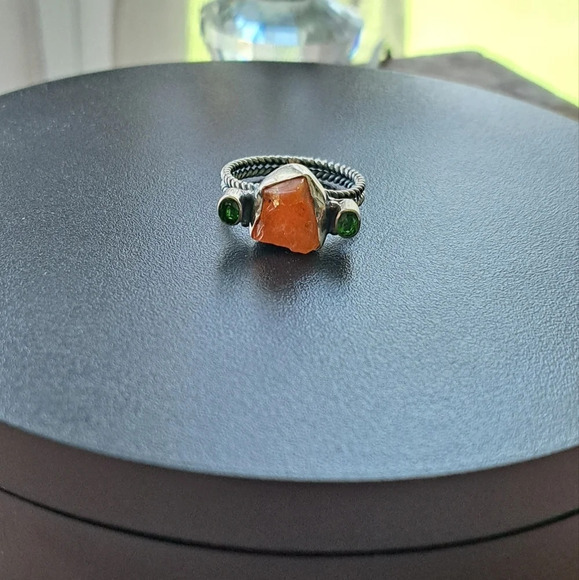 Raw Fire Opal & Natural Chrome Diopside In Sterling Silver. Sz.10 - Picture 4 of 5